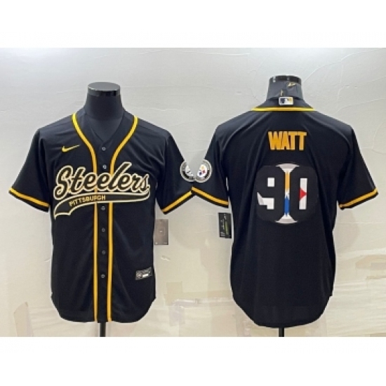 Men's Pittsburgh Steelers #90 TJ Watt Black Team Big Logo With Patch Cool Base Stitched Baseball Jersey - Ujersey