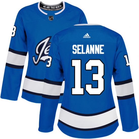 Women's Adidas Winnipeg Jets #13 Teemu Selanne Authentic Blue Alternate NHL Jersey - Ujersey