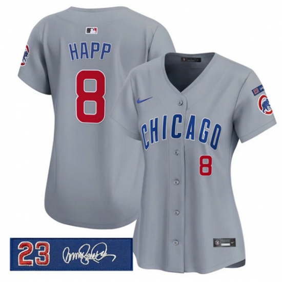 Women's Chicago Cubs #8 lan Happ Gray 'Ryne Sandberg Tribute' Vapor Limited V3 Stitched Baseball Jersey(Run Small) - Ujersey