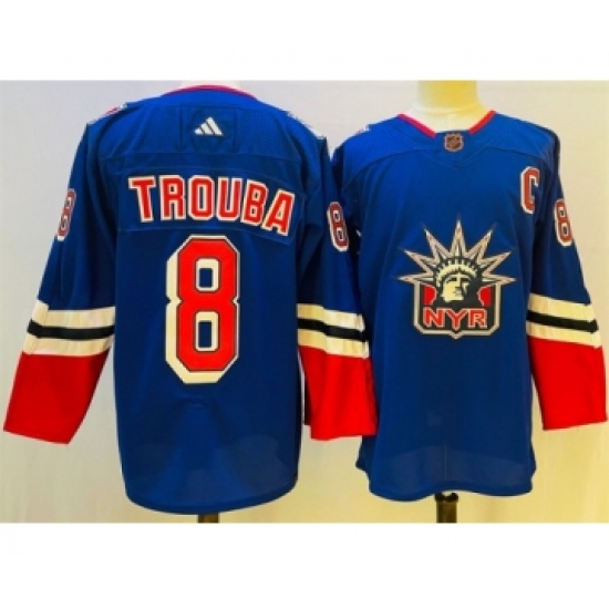 Men's New York Rangers #8 Jacob Trouba Blue 2022-23 Reverse Retro Stitched Jersey - Ujersey