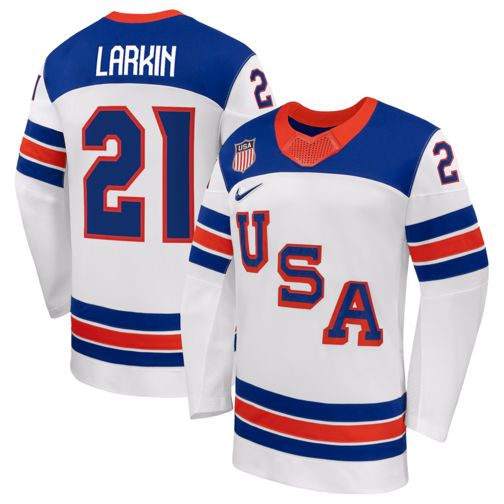 Men's Dylan Larkin Nike White US Hockey 2026 Away Replica Jersey - SUjersey01