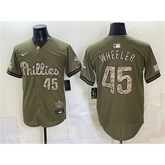 Men's Philadelphia Phillies #45 Zack Wheeler Olive 2026 Armed Forces Day Stitched Jersey - Ujersey