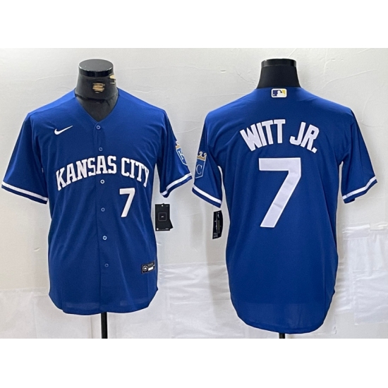 Men's Kansas City Royals #7 Bobby Witt Jr Number Blue Cool Base Stitched MLB Jersey - Ujersey