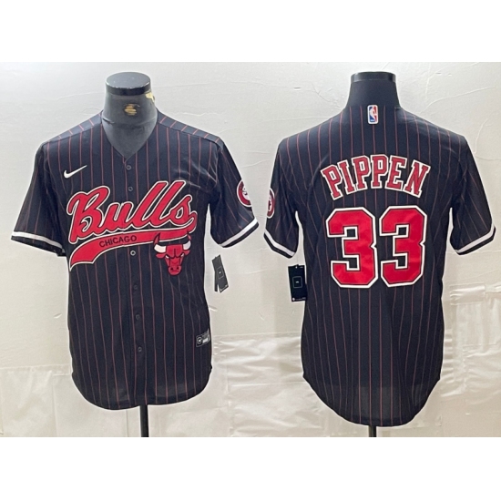 Men's Chicago Bulls #33 Scottie Pippen Black Pinstripe Cool Base Stitched Baseball Jersey - Ujersey