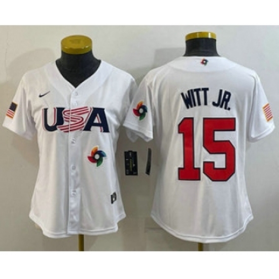 Women's USA Baseball #15 Bobby Witt Jr 2023 White World Classic Replica Stitched Jersey