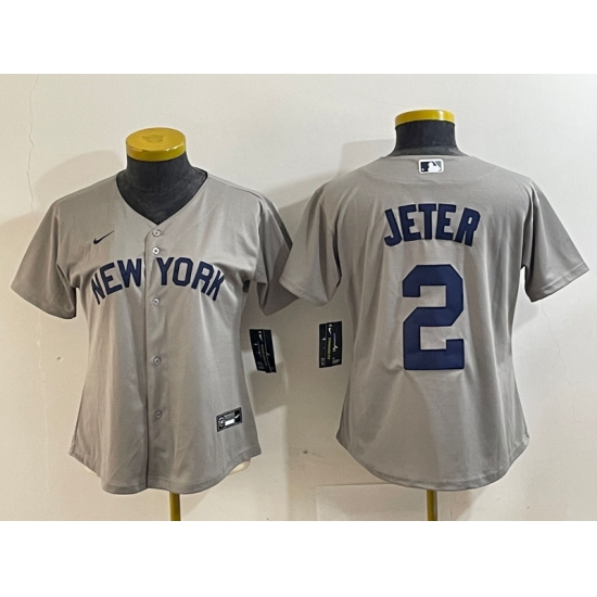 Women's New York Yankees #2 Derek Jeter Name 2021 Grey Field of Dreams Cool Base Stitched Jersey - Ujersey