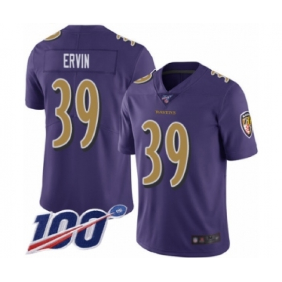 Men's Baltimore Ravens #39 Tyler Ervin Limited Purple Rush Vapor Untouchable 100th Season Football Jersey - Ujersey
