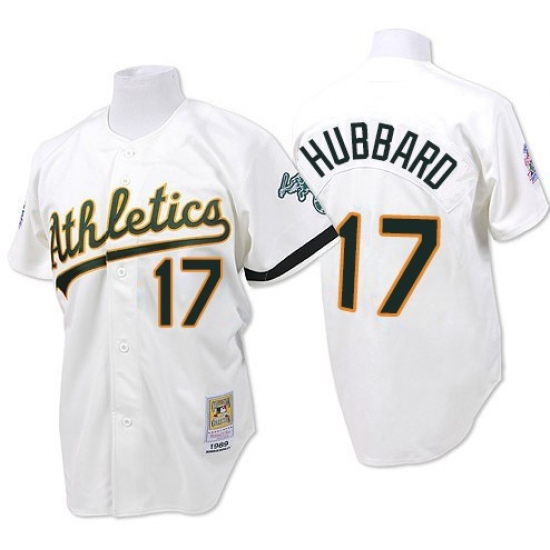 Men's Mitchell and Ness Oakland Athletics #17 Glenn Hubbard Replica White Throwback MLB Jersey - Ujersey