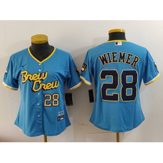 Women's Milwaukee Brewers #28 Joey Wiemer Blue 2022 City Connect Cool Base Stitched Jerseys - Ujersey