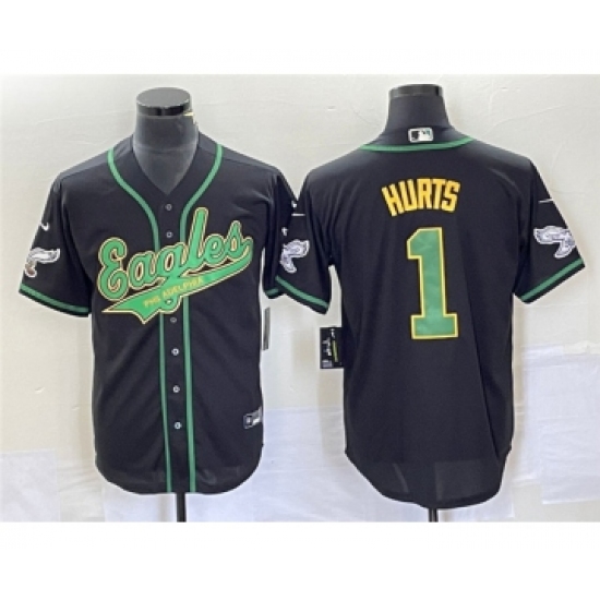 Men's Nike Philadelphia Eagles #1 Jalen Hurts Black Cool Base Stitched Baseball Jersey - Ujersey