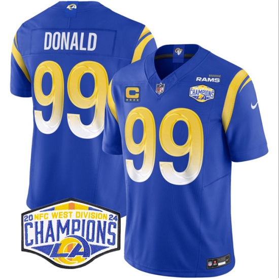 Men's Los Angeles Rams #99 Aaron Donald Blue 2024 NFC West Champions With 4-Star C F.U.S.E. Vapor Untouchable Stitched Football Jersey - Ujersey