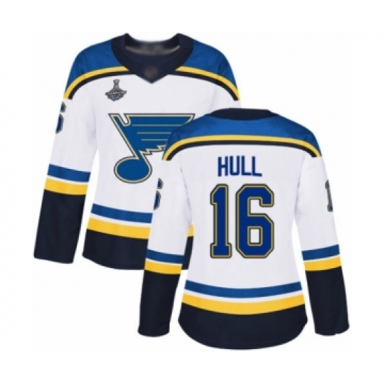 Women's St. Louis Blues #16 Brett Hull Authentic White Away 2019 Stanley Cup Champions Hockey Jersey - Ujersey