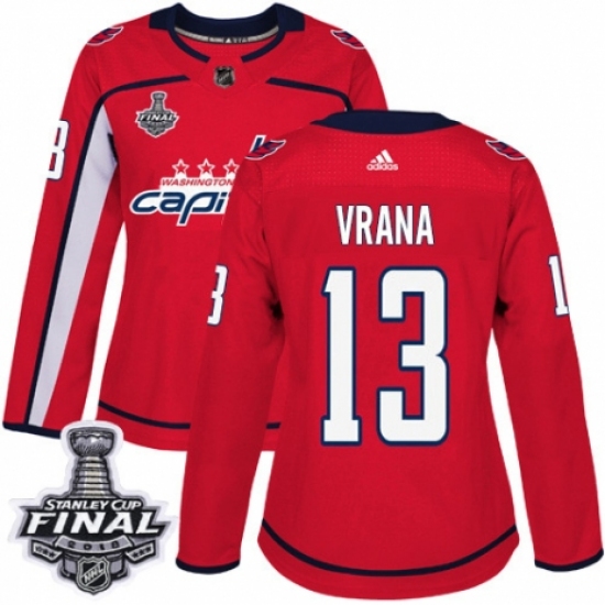Women's Adidas Washington Capitals #13 Jakub Vrana Authentic Red Home 2018 Stanley Cup Final NHL Jersey