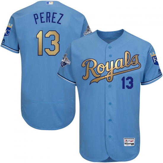 Men's Majestic Kansas City Royals #13 Salvador Perez Authentic Light Blue 2015 World Series Champions Gold Program FlexBase MLB Jersey - Ujersey