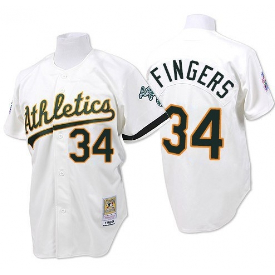 Men's Mitchell and Ness Oakland Athletics #34 Rollie Fingers Replica White Throwback MLB Jersey