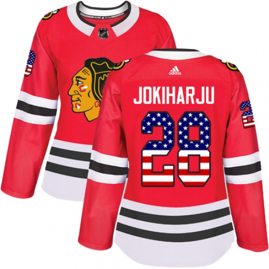 Women's Adidas Chicago Blackhawks #28 Henri Jokiharju Authentic Red USA Flag Fashion NHL Jersey - Ujersey