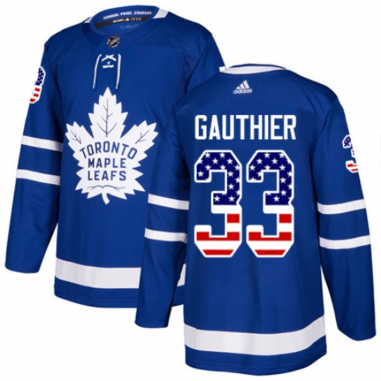Men's Adidas Toronto Maple Leafs #33 Frederik Gauthier Authentic Royal Blue USA Flag Fashion NHL Jersey - Ujersey