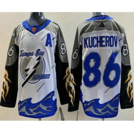 Men's Tampa Bay Lightning #86 Nikita Kucherov White 2022 Reverse Retro Authentic Jersey - Ujersey