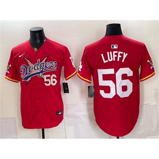 Men's Los Angeles Dodgers x One Piece #56 Luffy Red Vapor Premier Limited Stitched Baseball Jersey - Ujersey