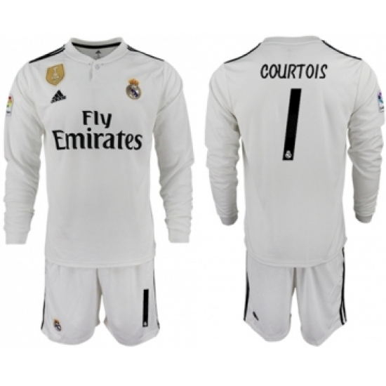 Real Madrid #1 Courtois White Home Long Sleeves Soccer Club Jersey