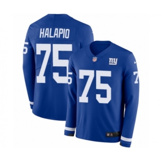 Youth Nike New York Giants #75 Jon Halapio Limited Royal Blue Therma Long Sleeve NFL Jersey - Ujersey