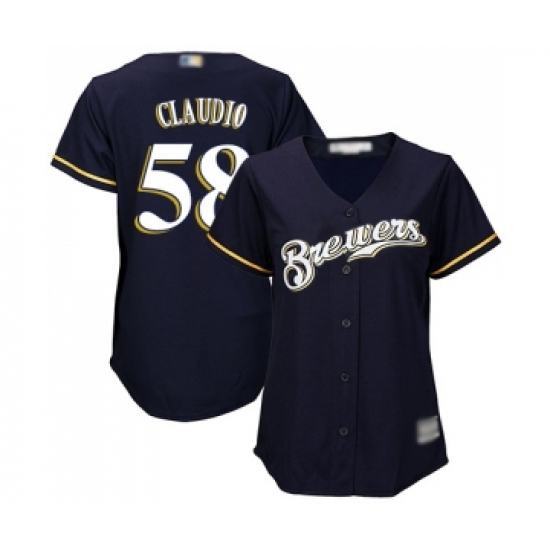 Women's Milwaukee Brewers #58 Alex Claudio Replica Navy Blue Alternate Cool Base Baseball Jersey - Ujersey