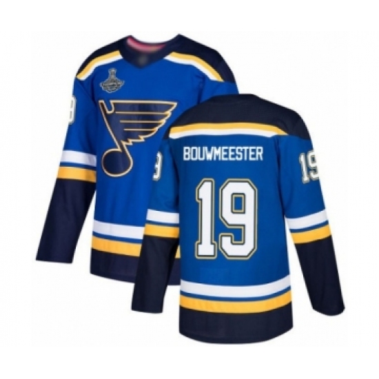 Men's St. Louis Blues #19 Jay Bouwmeester Authentic Royal Blue Home 2019 Stanley Cup Champions Hockey Jersey
