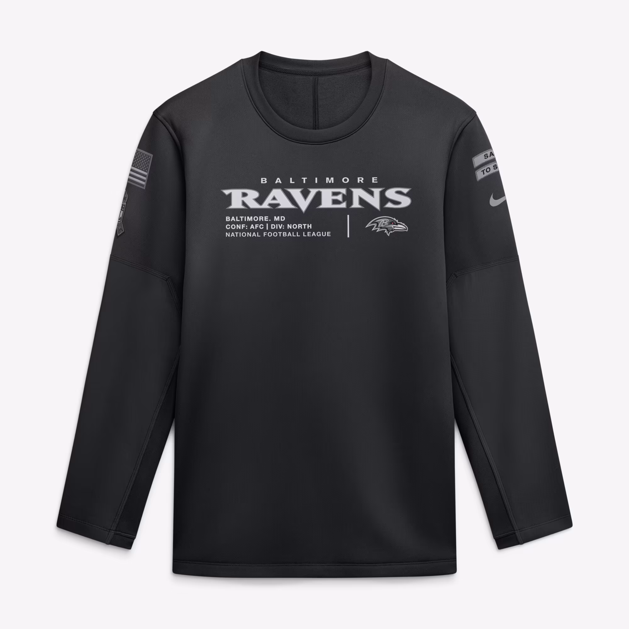 Men's Baltimore Ravens  Nike Black 2026 Salute to Service Sideline Coaches Crewneck Therma-FIT Sweatshirt - Ujersey
