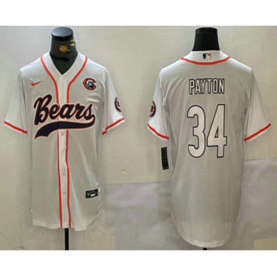 Men's Chicago Bears #34 Walter Payton White Throwback With Cool Base Stitched Baseball Jersey - Ujersey