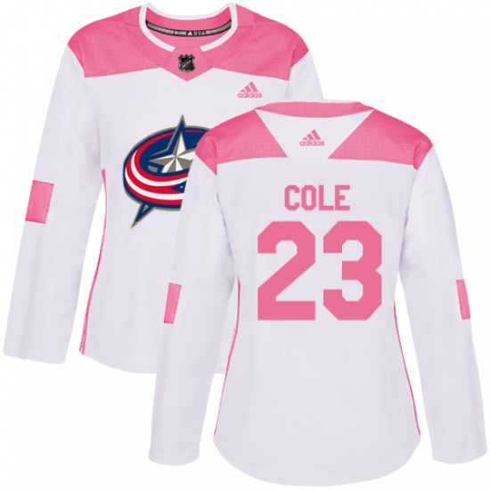 Women's Adidas Columbus Blue Jackets #23 Ian Cole Authentic White Pink Fashion NHL Jersey - Ujersey