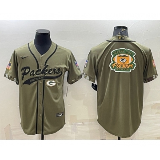 Men's Green Bay Packers Olive Salute to Service Team Big Logo Cool Base Stitched Baseball Jersey - Ujersey