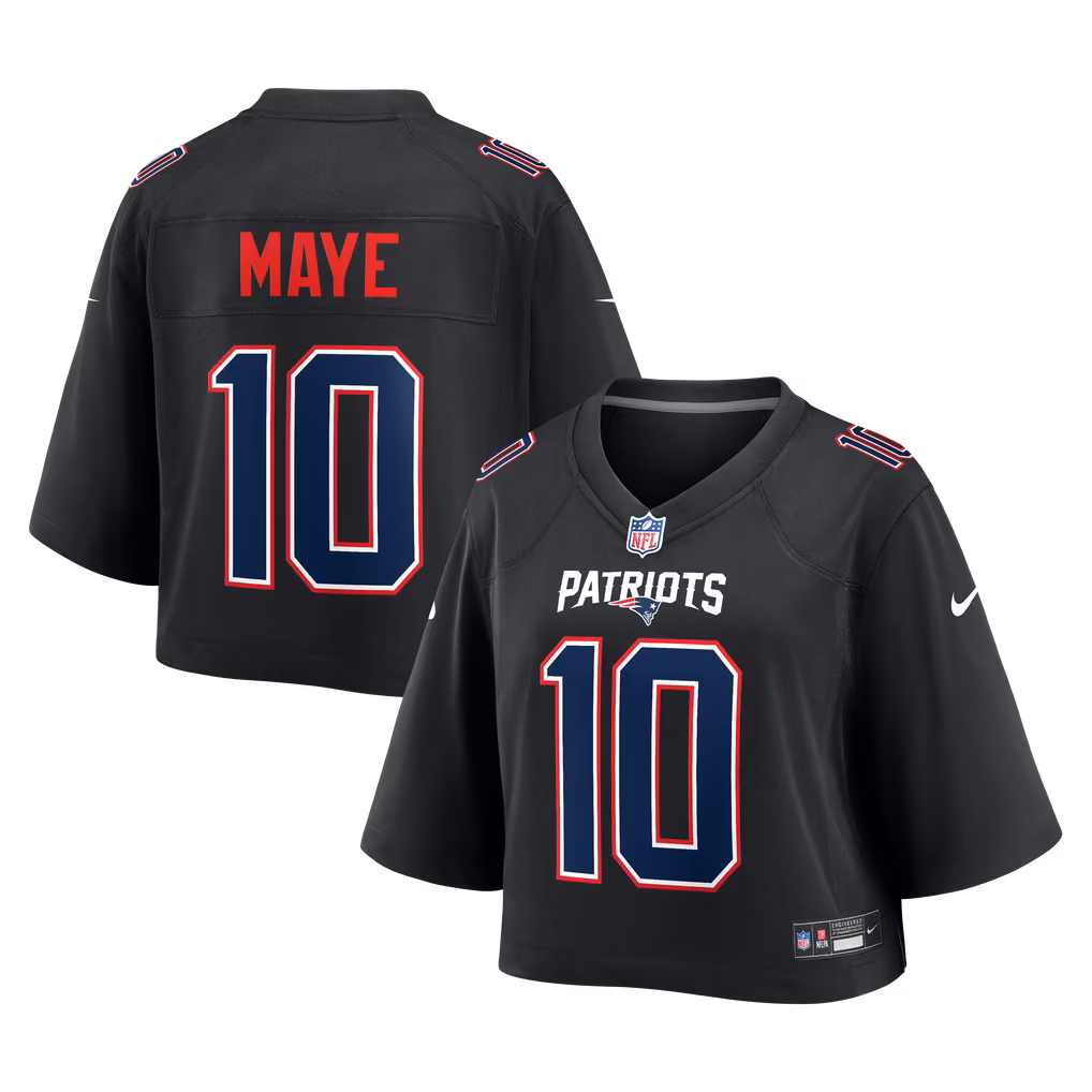 Women's New England Patriots Drake Maye Nike Black Cropped Fashion Game Jersey