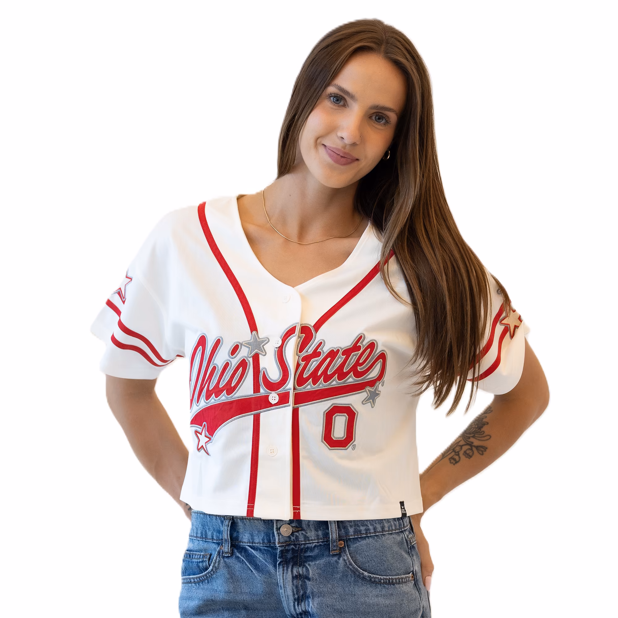 Women's Gameday Social Off White Ohio State Buckeyes Cropped Patch Baseball Fashion Jersey - Ujersey Shop