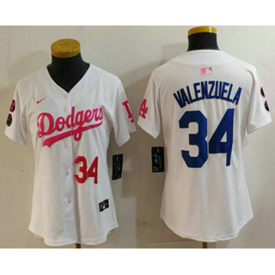 Women's Los Angeles Dodgers #34 Toro Valenzuela Number White Pink With Limited Stitched Jersey - Ujersey