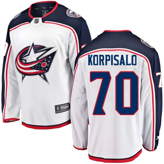 Men's Columbus Blue Jackets #70 Joonas Korpisalo Fanatics Branded White Away Breakaway NHL Jersey - Ujersey