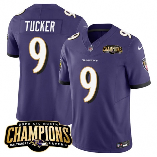 Men's Baltimore Ravens #9 Justin Tucker Purple 2023 F.U.S.E. AFC North Champions Vapor Limited Football Stitched Jersey - Ujersey