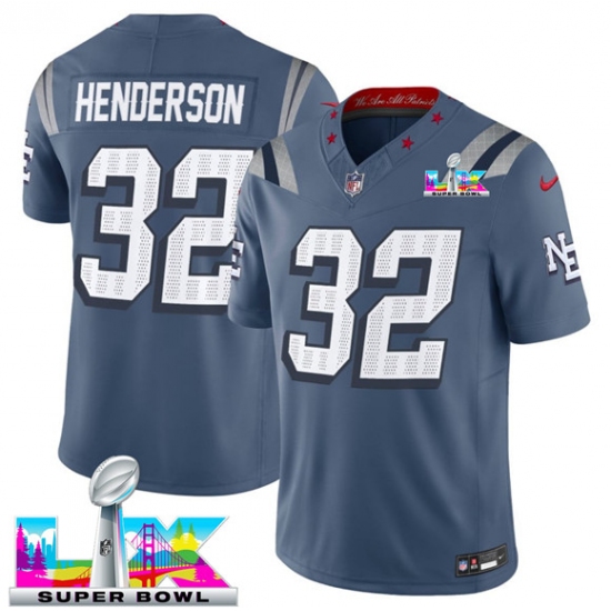 Men's New England Patriots #32 TreVeyon Henderson Storm Blue 2025 F.U.S.E. Super Bowl LX “Rivalries” Vapor Limited Football Stitched Jersey - Ujersey