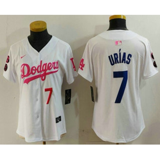Women's Los Angeles Dodgers #7 Julio Urias Number White Pink With Limited Stitched Jersey - Ujersey