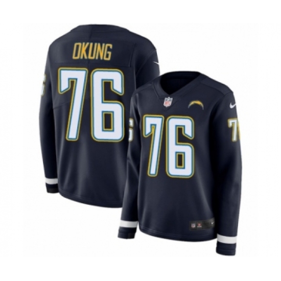 Women's Nike Los Angeles Chargers #76 Russell Okung Limited Navy Blue Therma Long Sleeve NFL Jersey - Ujersey