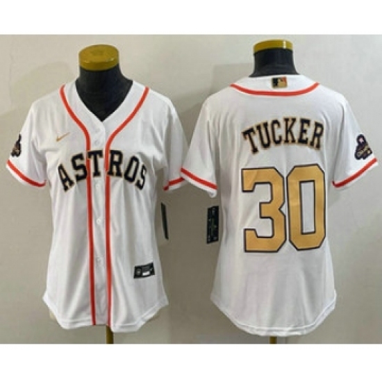 Women's Houston Astros #30 Kyle Tucker 2023 White Gold World Serise Champions Cool Base Stitched Jersey - Ujersey