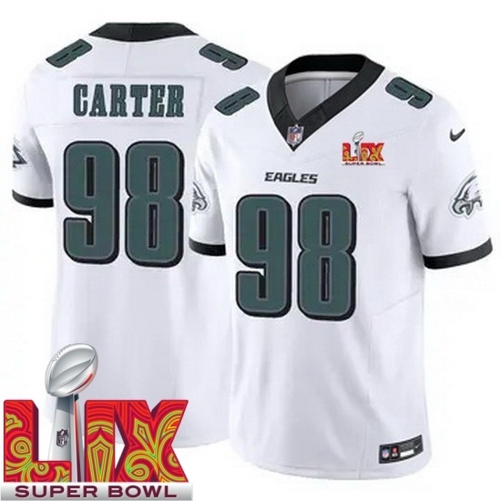 Youth Philadelphia Eagles Jalen Carter #98 White 2024 2025 Super Bowl LIX F U S E Stitched NFL Jersey - Ujersey