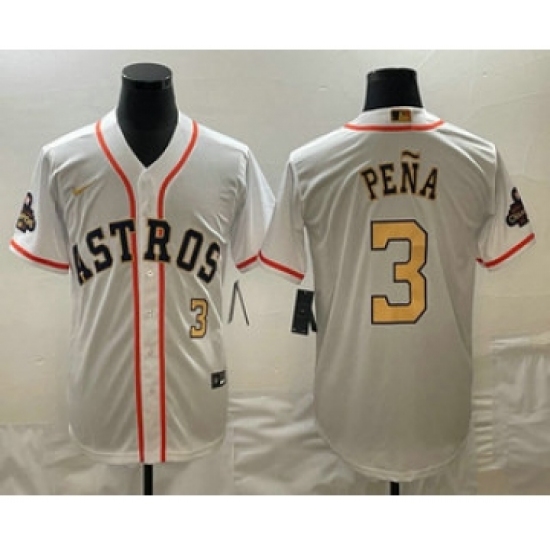 Men's Houston Astros #3 Jeremy Pena 2023 White Gold World Serise Champions Cool Base Stitched Jersey1 - Ujersey