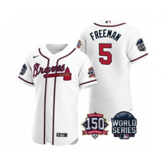 Men's Atlanta Braves #5 Freddie Freeman 2021 White World Series Flex Base With 150th Anniversary Patch Baseball Jersey - Ujersey