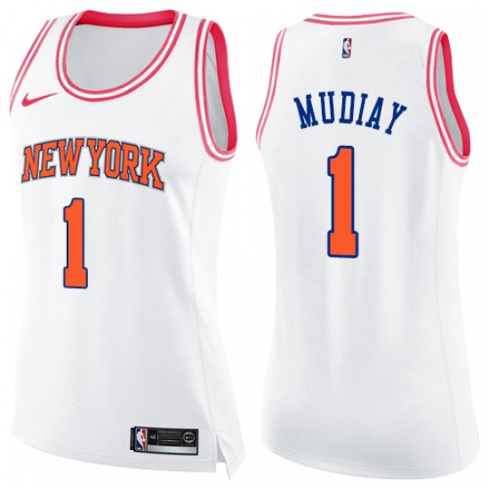 Women's Nike New York Knicks #1 Emmanuel Mudiay Swingman White/Pink Fashion NBA Jersey - Ujersey