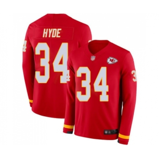 Youth Kansas City Chiefs #34 Carlos Hyde Limited Red Therma Long Sleeve Football Jersey - Ujersey