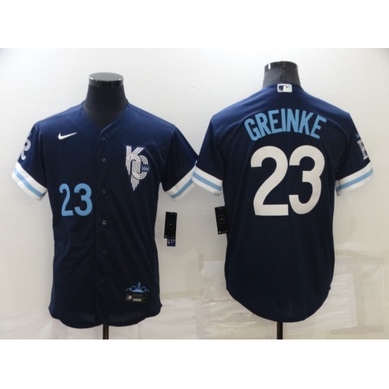 Men's Kansas City Royals #23 Zack Greinke Number 2022 Navy Blue City Connect Flex Base Stitched Jersey - Ujersey