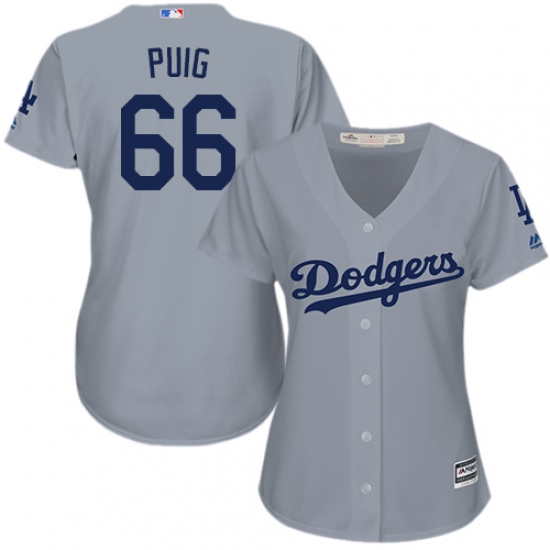 Women's Majestic Los Angeles Dodgers #66 Yasiel Puig Authentic Grey Road Cool Base MLB Jersey - Ujersey