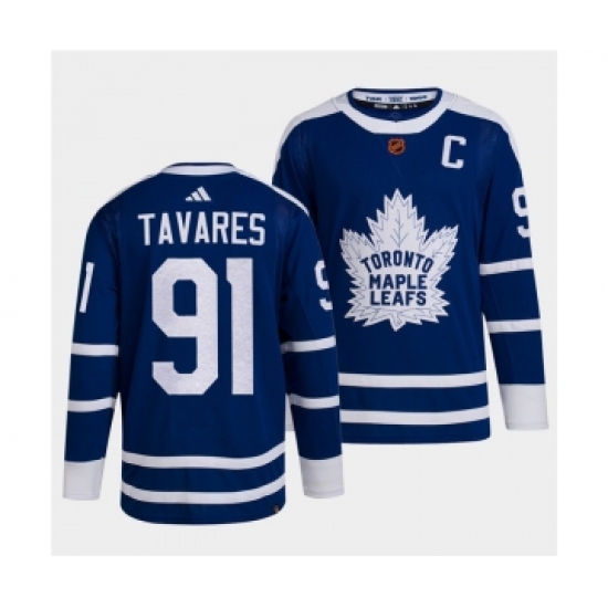 Men's Toronto Maple Leafs Black #91 John Tavares Blue 2022 Reverse Retro Stitched Jersey - Ujersey