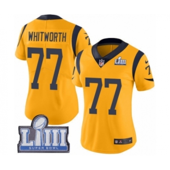 Women's Nike Los Angeles Rams #77 Andrew Whitworth Limited Gold Rush Vapor Untouchable Super Bowl LIII Bound NFL Jersey - Ujersey