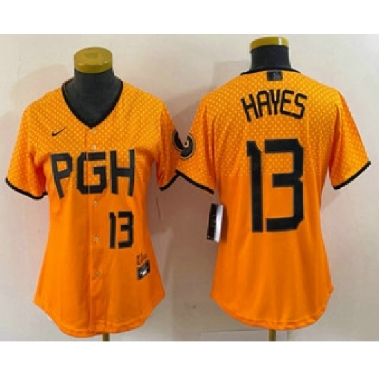Women's Pittsburgh Pirates #13 KeBryan Hayes Number Yellow 2023 City Connect Stitched Jersey1 - Ujersey